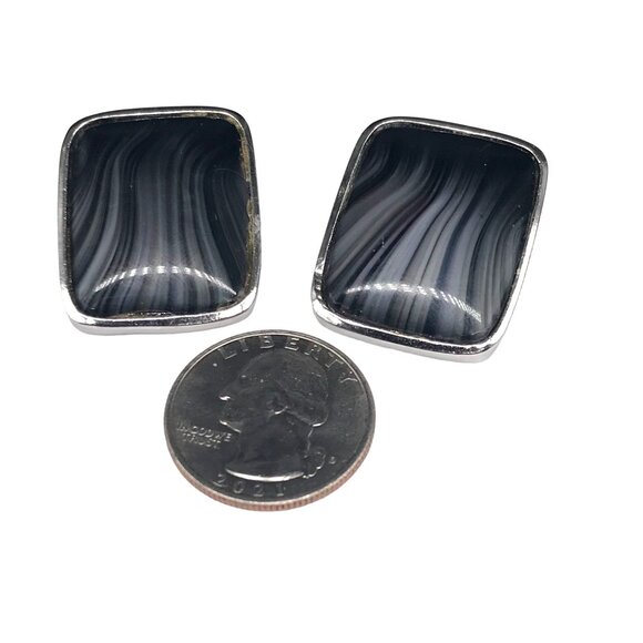 Vintage Black Banded Agate Earrings, Silver Tone Frames with Clip On, Chic Stria - Picture 4 of 5